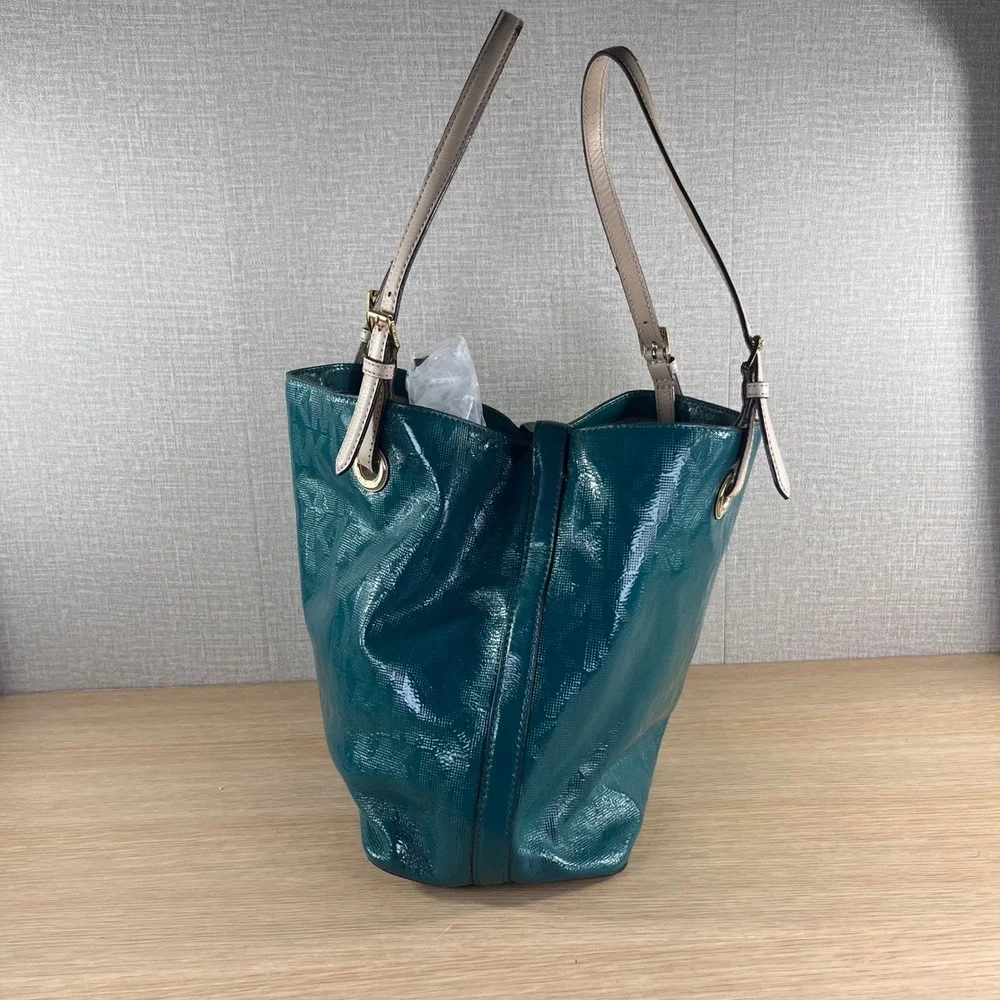 Michael Kors Large Teal Patent Embossed Logo Tote Shoulder Bag Gold Hardware